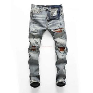 Abbigliamento firmato Amires Jeans Pantaloni in denim Amies 2023 High Street Fashion Brand Mens Wear Jeans con patch marrone spezzato Blu Slim Fit719