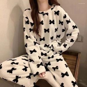 Women's Sleepwear Winter Women Pajamas Set Fleece Bow Print Velvet 2 Piece Pant Home Suit Fluffy Cute Piiama Warm O-neck Night Wear 2023