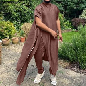 Męskie dresy inderun męskie ustawiają solidny kolor bez rękawów Kaftan muzułmańska koszula 2pcs islamski arabski odzież Suits S5xl 230804