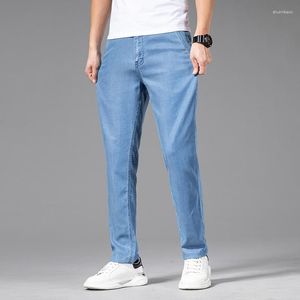 Herr jeans sommar naturliga lyocell affärsmän tunn klassisk stretch rak kontor denim byxor manliga varumärke byxor plus storlek 40 42