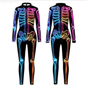 Themenkostüm für Erwachsene, fluoreszierender Skelett-Aufdruck, Halloween-Cosplay-Bodysuit für Frauen, Geister-Overall, Party, Karneval, Leistung, Gruselig kommen, L230804