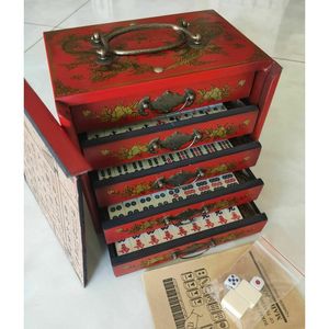 Decorative Objects Figurines Portable Retro Mahjong 144 Tiles Game Mah-Jong set In wood 5 drawer draw Box 230804