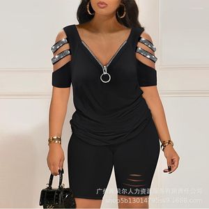 Women's Tracksuits Rhinestone Cold Shoulder Top & High Waist Shorts Set Women 2023 Summer Two Piece Suits Sets Print Tops