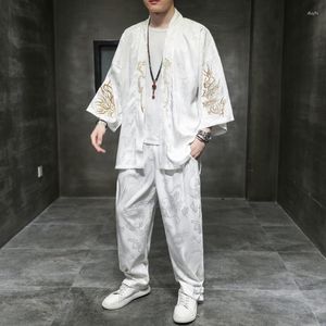 Men's Tracksuits Embroidery Kimono Daopao Robe Suit Plus Size M-4XL 5XL Summer Traditional Chinese Clothing Style Orient Tang Hanfu For Men