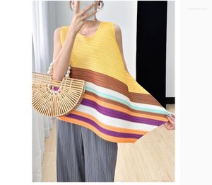 Women's T Shirts SELLING Miyake Fashion Sleeveless O-neck Print Stripes Fold Irregular T-shirt IN STOCK