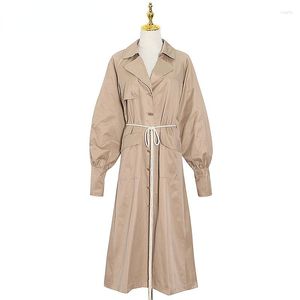 Women's Trench Coats Casual Black Windbreaker For Women Lapel Long Sleeve High Waist Lace Up Midi Coat Female Fashion Tide 2023 Fall