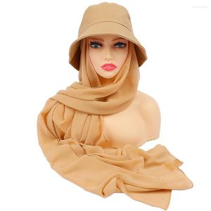 Scarves Plain Solid Bubble Chiffon Instant Hijab With Bucket Caps Women Breathe Cover-up Muslim Shawl Scarf Wrap Snood Bonnet Headscarf