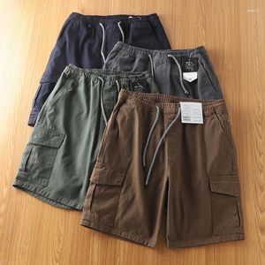 Herr shorts sommar multi-pocket casual tvättad gasväv vintage lös stor baggy knä längd byxor koreansk stil solid last