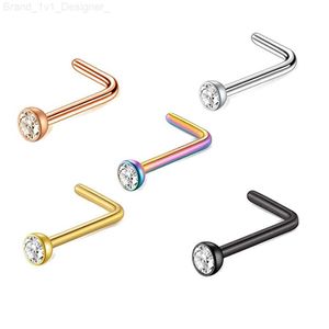 Nose Rings Studs TIANCIFBYJS Stainless Steel Nose Stud Set Round CZ Crystal Nose Piercings L Shape Nostril Piercing Jewelry 20g Nose Rings Pin L230806