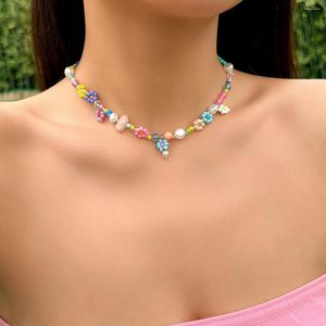 Choker Sarircon Korean Baroque ImitationPearlかわいい花ビーズショートカラーネックレスBoho手織り女性の宝石