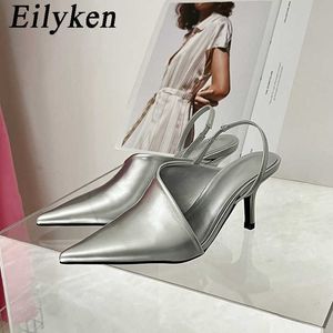 Sandaler Eilyeken 2023 Nya sommarslingbacks kvinnor tofflor eleganta låg klackar spetsiga tå mode damer röda bröllopsklänning mules skor j230806