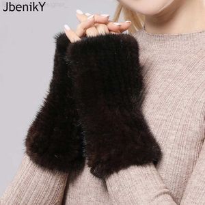 Fingerless Gloves New Women Real Genuine Knitted Mink Fur Mittens Winter Warm Lady Real Fur Fingerless Gloves Handmade Knit Mink Fur Mitten L230804