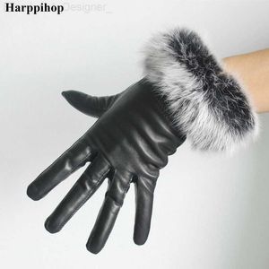 5本の指の手袋ホットセラー黒女性の小さなウサギの毛皮肥厚サーマル本革手袋女性冬L230804