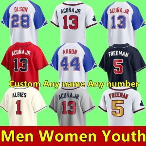 Atlanta''Bravs'''''''''''''''''''custom 2023 남성 여성 청소년 청소년 WS 골드 프로그램 Jersey Dansby Swanson 13 Ronald Acuna Jr. Ozzie Albies 28 Matt Olson Freddie Freeman 27 Austin