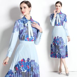 Women Two Piece Set Boutique Shirt Skirt Long Sleeve Sets 2023 Autumn New Blouse Skirt Printed Sets High-end Elegant Lady Bow Pleated Tops Skirt Suits