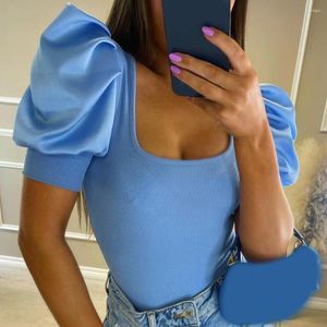 Women's Blouses Short Puff Sleeve Women Ribbed T-shirts Summer 2023 Solid Color Square Collar Low Cut Wrapped Tops Street Party Tees