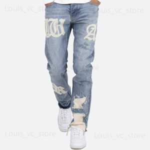 Jeans da uomo blu con ricamo a lettera lavata vintage con buco strappato Jeans dritti sfilacciati streetwear hip-hop pantaloni larghi in denim unisex T230806