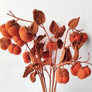 Decorative Flowers Finished Handmade Knitted Flower Needle Crochet Wool Persimmon Plant Artificial Fake Bouquet Birthday Gift Home Ornament