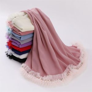 Scarves Rhinestone Chiffon Hijab Veil Ramadan Long Scarf Lace Floral Chain Shawl Women Sunscreen Headscarf Outdoor Windproof Head Wrap