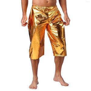 Shorts Masculino Verão Masculino Metálico Brilhante Moda Casual Solto Dourado Calça Curta Festival de Música Roupa Rave Festa Tema Discoteca Roupas de Clube