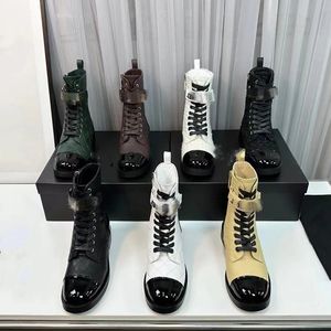 Połączony Tweed Channel Combat Boot Real skórzane kobiety kostki patentowe czarne czapki koronkowe w górę buty projektantów platformy rowerzystki płaskie buty butowe o niskim obcasie