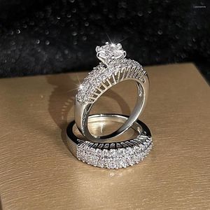 Wedding Rings Luxury Female Round Bridal Sets Silver Color White Zircon Bands Vintage Promise Engagement Couple For Women Gifts