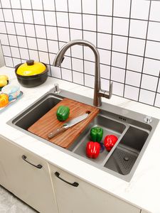 Nano Kitchen Sink 304 Rostfritt stål Wash -basin Hushåll på höger sida Dränering Stor singel Slot Gray Fregadero de Cocina