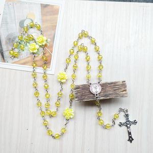 Colares com Pingente Diyalo Rosário Amarelo Colar de Contas Católica Virgem Maria Centro Crucifixo Cruz de Jesus Medalha Mulheres Homens Jóias Presente