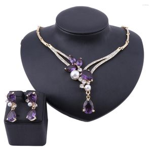 Necklace Earrings Set Fashion Women Bridal Costume Imitation Pearl Crystal Necklaces Earring Collar Boho Party