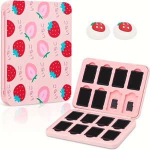 Game Card Storage Case For Nintendo Switch SD Cards For 16 Game Cartridge Portable Holder Protective Shell Hard Cover Strawberry Box With 2 Thumb Grip Caps