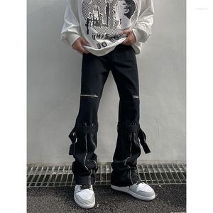 Erkekler kot pantolon erkek siyah Amerikan fermuarlı tasarım düz tüp mikro alevli iş kıyafetleri çift pantolon sokak kıyafetleri