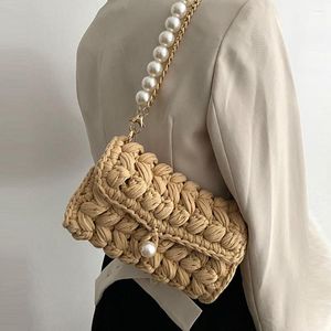 Evening Bags Handmade Rope Crochet Women's Shoulder Bag Designer Knitting Crossbody For Women Handbags Pearls Chains Sling Tote 2023