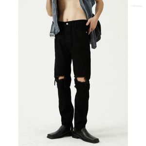 Мужские джинсы Mtlclothes одежда | Летний корейский стиль стройный подходные брюки брюки черные сломанные отверстия прилив
