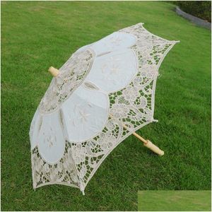 Поклонники зонтики с кружевными зонтиками хлопковая вышивка свадебная белая белостная зона солнце для украшения вечеринка с капля
