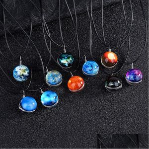 Anhänger Halsketten Neue Weltraum Starry Dreamy Halskette Doppelte Glaskugel Edelstein Wachs Seil Lederketten Für Frauen Modeschmuck Dhmcw