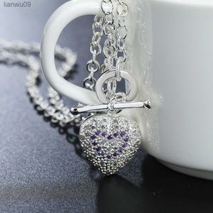 Modemärke 925 Sterling Silver Necklace For Women Jewelry Charm Purple Crystal Heart Pendant Christmas Gifts Wedding L230704