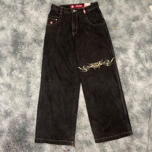 メンズジーンズJNCOジーンズY2Kヒップホップグラフィックプリントゴシックブラックバギージーンズレトロパンツメンメンズストリートウェアハイウエストワイドレグズボン230804