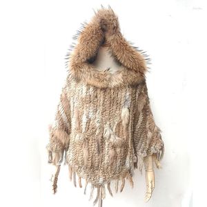 Scarves Women Plus Size Knitted Hooded Real Fur Poncho With Tassel Female Loose Raccoon Cape Pocket Wrap Shawl