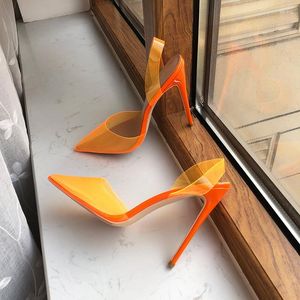 Sandals Orange Summer Women Transparent Soft PVC Pointy Toe High Heel Slingback Shoes Jelly Stiletto Pumps