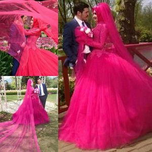 Abiti da festa Abito da ballo a maniche lunghe fucsia Prom Collo alto Abiti da sera formale arabo saudita Abito per occasioni speciali