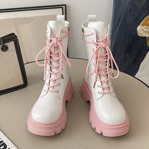 Platforma gruba kostka 774 Pink Kobiety jesień grube dolne buty skórzane buty buty kobieta mieszanka kolorowy koronkowy motocykl Botas 230807 262