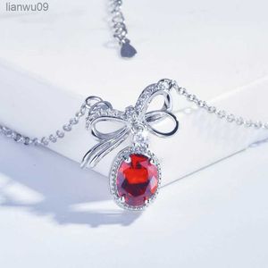 KOFSAC New Popular Crystal Red Oval Necklace For Women Birthday Gift 925 Sterling Silver Bow Pendant Necklace Lady Party Jewelry L230704