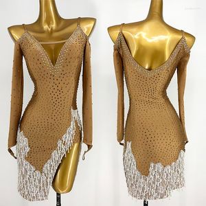 Stage Wear Latin Dance Competition Dress Women Long Sleeves Rhinestone Nude Skin Color Cha Rumba Performance Costume BL10856