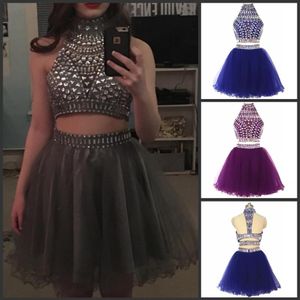 Kort två stycken balklänningar 2021 Rhinestone Crystal Pärled Sweet 16 Dresses Halter Junior Puffy Tulle Homecoming Graduation Gowns2293