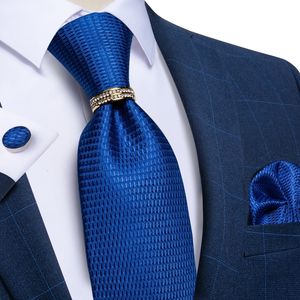 Halsband Lyxiga män S Royal Blue Plaid Solid Tie Set Handkuchief Manschettknappar 8 cm breda bröllopstillbehör Gåva för män DROP 230807