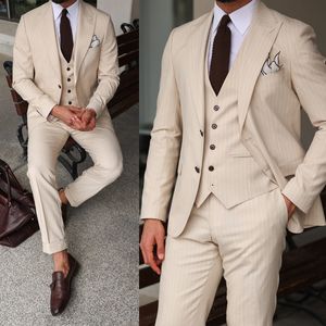 Ternos masculinos clássicos para casamento, smoking com lapela pontiaguda, ajuste fino, roupa de noivo para homens, 3 peças (jaqueta + calça + colete) feitos sob medida