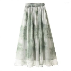 Skirts Women's Chinese Style Printed Chiffon Skirt Summer Long Large Size A-line Pleated Girl Gift 1pcs