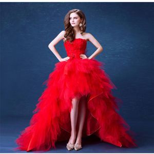 Red High Low Wedding Dresses with Feather and Flowers 2019 Sweep Train Wedding Gowns Vestido De Novia327K