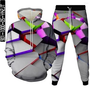 Erkeklerin izleri renk geometrik desenler küp baskı erkek kıyafetleri kapüşonlu sweatshirt pantolon 2pcset kadınlar uzun kollu eşofman artı boyutu