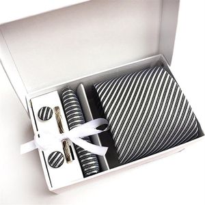 2017 New Fashion Silk Classic Striped Men Neck Ties Clip Hanky ​​Cufflinks Set 공식적인 착용 비즈니스 웨딩 타이 K12264J